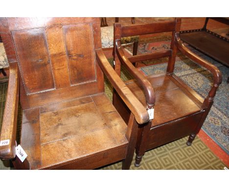An oak panel back armchair, first half 18th century, 104cm high, 61cm wide, 64cm deep, together with a Regency mahogany armch