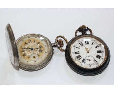 A silver coloured full hunter pocket watch, no. 1018, circa 1900, Swiss lever bar movement, 15 jewels, silvered dial, gilt ch