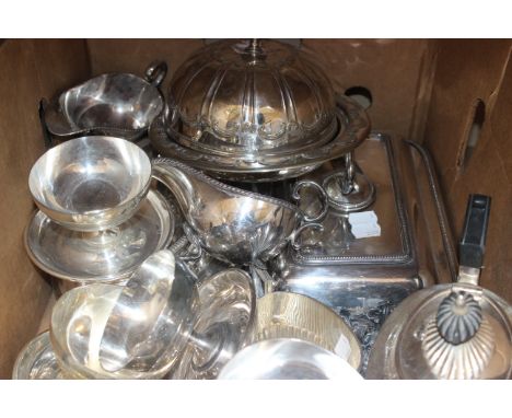 A silverplate Walker Hall three piece tea service, six Walker Hall sweet dishes, sauceboats, tureens, muffin dish etc