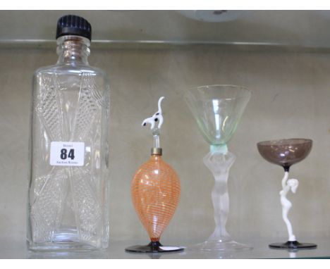 A bimini glass with female figure, a perfume bottle with cat finial and other 20th Century glass etc