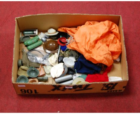 One box containing a quantity of various Action Man and similar clothing and accessories, to include Deep Sea diver, various 