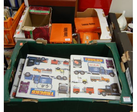 Two boxes of miscellaneous items, to include folders of Trucks Maxicards, AA car badge No. OM78639, Hayne's Manual etc