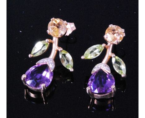 A pair of modern Mexican yellow metal amethyst, topaz and citrine set ear studs, each modelled as a flower with single diamon