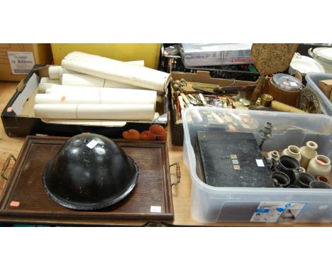 Three boxes of miscellaneous items, to include 19th century pewter tankards, stoneware bottles, loose flatware, Salter scales