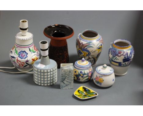 A box of miscellaneous Poole pottery to include table lamp bases, vases, preserve jars and covers, etc; together with a Carn 