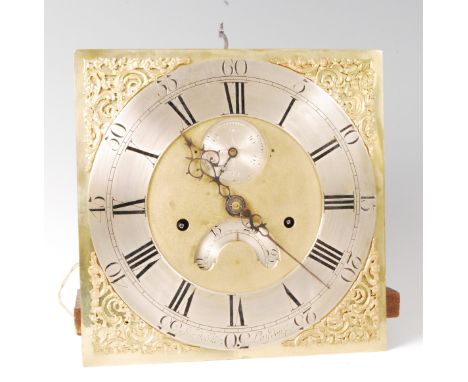 John Webster of London - an 18th century brass longcase clock dial and movement, the 11¼" square brass dial having cast brass