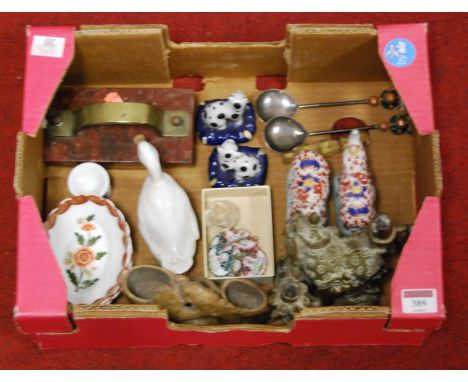 A box of miscellaneous items to include a set of seven enamelled decanter collars for claret, brandy, sherry, gin, Scotch, po