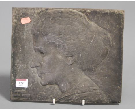 An early 20th century lead plaque, depicting a profile portrait of a lady, signed WYN(?) CANN(?) OCT 1913 bottom left, 25 x 3