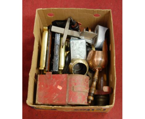 A box containing a quantity of metalware bygones, to include coal scoop, roadworkers lamp, slide viewer etc