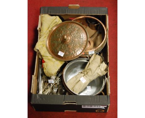 A box of miscellaneous items, to include loose silver plated flatware, copper burner etc