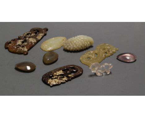 A quartz boulder carving in the form of a fruiting vine; together with various soapstone carvings and polished stones etc