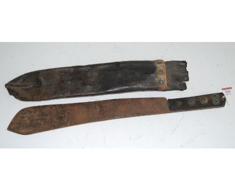 A British Army(?) military machete, the 38cm blade dated 1917, housed in a leather sheath