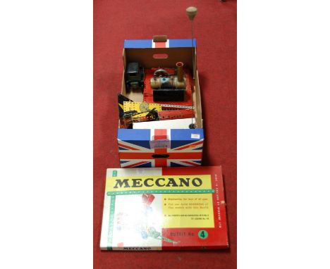 A Mamod steam tractor together with a Meccano stationary steam engine, various other part built Meccano and one other boxed M