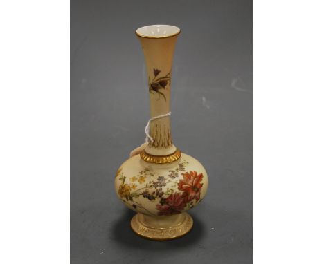 A late Victorian Royal Worcester blush ivory stem vase, having flared rim to a tapered neck and bulbous lower body, with shot