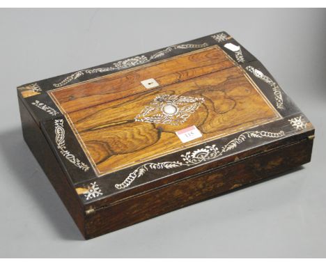 A Victorian rosewood ebonised and mother of pearl inlaid writing slope, having fitted interior, w.35cm