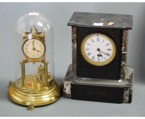 An Edwardian black slate and marble cased mantel clock, having enamelled dial with Roman numerals, and 30 hour movement; toge