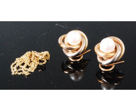 A modern 14ct gold finelink neck chain, 1.6g; together with a pair of contemporary two-colour gold and cultured pearl set ear