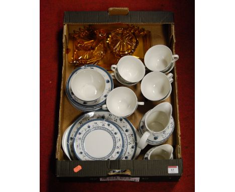 A Royal Doulton eight place setting tea service, in the Cambridge pattern; together with a 1930s amber pressed glass part dre