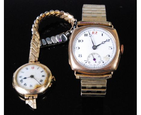 A vintage gent's 9ct gold cased mechanical wristwatch, having subsidiary seconds dial and Arabic numerals, on replacement bra