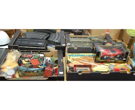 Four boxes of miscellaneous items, to include Burago 1:8 scale diecast model of a Ferrari 250 Testarossa, Spear's Size 4 chil