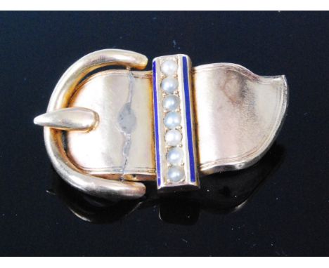 A late Victorian yellow metal seed pearl and blue enamel set brooch in the form of a buckle, unmarked but tests as approx 14c