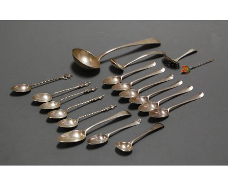A Victorian silver sauce ladle in the rattail pattern, together with various loose silver teaspoons, coffee spoons, etc, vari