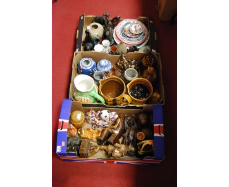 Three boxes of miscellaneous items, to include Chinese blue and white ginger jar (lacking cover), pair of spelter figures, ar