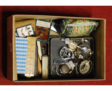 A box of miscellaneous items to include ladies gilt metal cased wrist watch, Victorian brooch made from six Indian 2 annas co