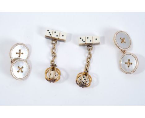 Pair 9ct gold mother of pearl and white enamel cufflinks, together with a pair of novelty dice cufflinks