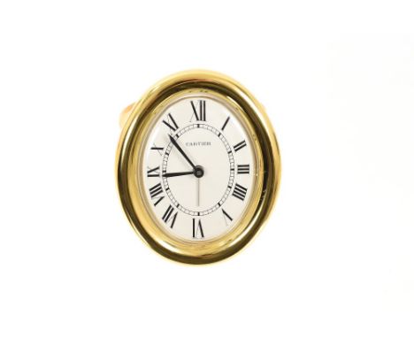 Cartier timepiece with alarm function and quartz movement, the curved oval dial with black enamel Roman numerals, secret sign