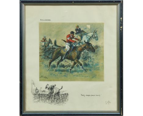 Snaffles, Charles Johnson Payne (1884-1967) signed print - Soldiers, 'Nasty steeple chasin ' devils', with Snaffle blindstamp