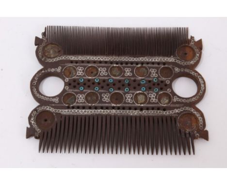 Good 18th / 19th century Persian carved wooden comb, double ended, inlaid with silver threads and beads, 9.5cm long