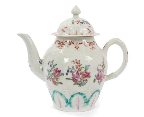 Late 18th century Liverpool Christians teapot, circa 1770, with palm leaf moulding and polychrome floral painting, 19cm heigh