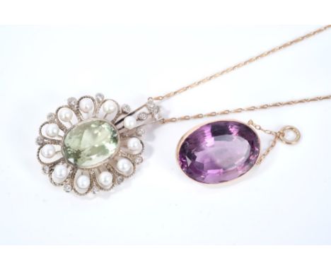 Green amethyst, diamond and cultured pearl pendant in silver and gold setting suspended from a 9ct gold chain, together with 