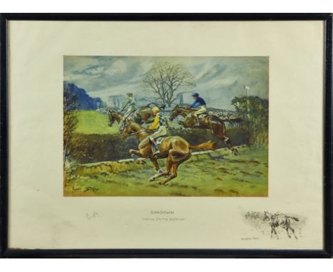 Snaffles, Charles Johnson Payne (1884-1967) signed print - Sandown, Asking 'Em The Question, in glazed frame, 51cm x 70cm