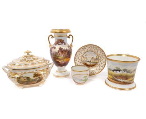 Early 19th century English landscape-painted and gilt porcelain, to include a Ridgway vase, 21cm height, a pint mug with hunt