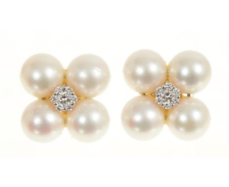 Pair of diamond cluster earrings with detachable cultured pearl surround, each with a central brilliant cut diamond cluster e