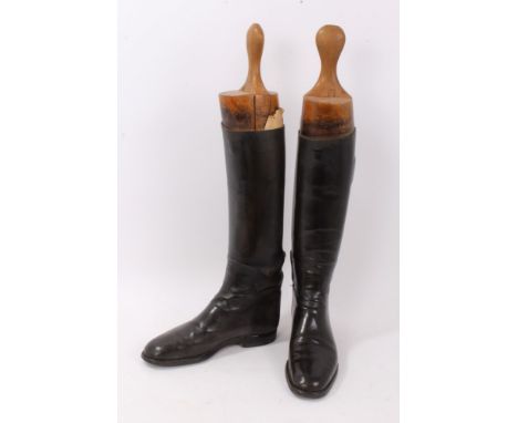 Pair black leather hunting boots with wooden trees, approximately size 8