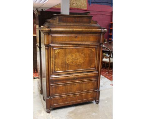 Impressive 19th century Continental rosewood and inlaid secretaire abattant, the caddy top with drawer and further drawer to 