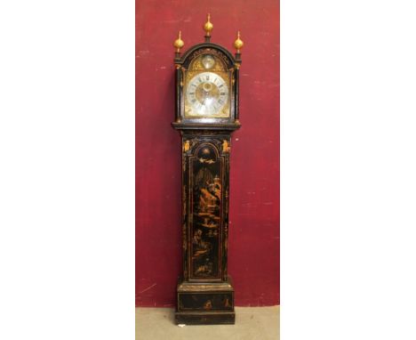 18th century longcase clock with eight day movement, brass break arch dial with face mask spandrels, silvered chapter ring, m