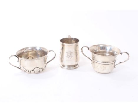 Edwardian silver two handled cup with engraved presentation inscription, flared rim and scroll handles (London 1904) Josiah W