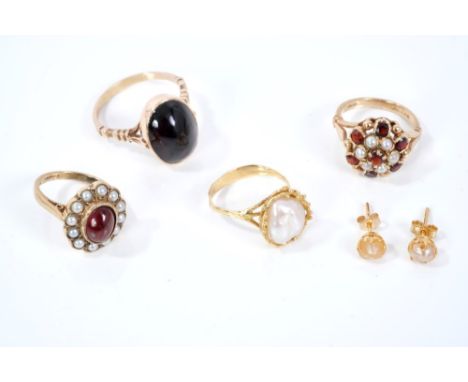 Three Victorian style gold and garnet dress rings together with baroque pearl ring (not tested for natural origin) in 18ct go
