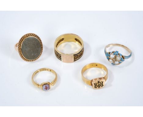 Five antique gold rings to include a Victorian blue enamel, seed pearl and diamond cluster ring, size L½, 18ct gold signet ri