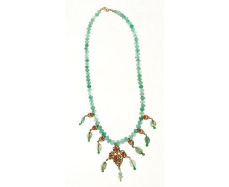 Mughal emerald bead necklace with suspending gold and enamel pendant drops set with further emeralds and flat cut white stone