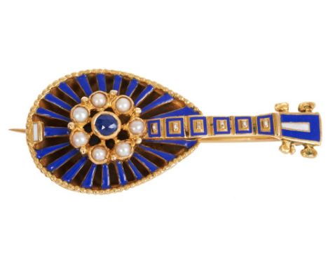 Novelty enamel brooch in the form of a mandolin with sapphire and seed pearl cluster and blue and white enamel decoration, 44