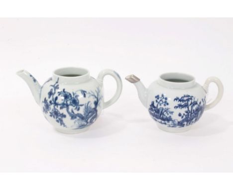 18th century Worcester teapot, painted in underglaze blue with Prunus Root pattern, circa 1758, and a further Worcester teapo