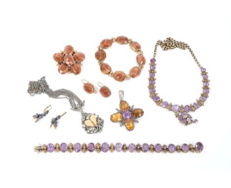 Group antique and later jewellery to include Continental silver gilt amethyst and seed pearl necklace and similar bracelet, t