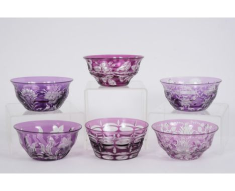 Six fine quality late 19th / early 20th century intaglio-cut crystal glass bowls, possibly by Stevens and Williams, cased in 