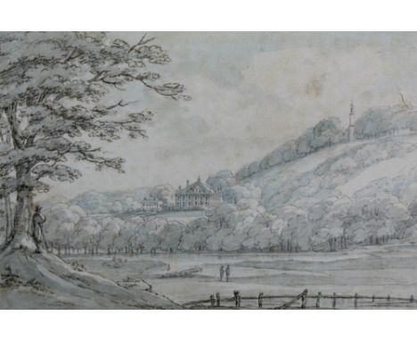 Circle of Thomas Sunderland (1744-1828) pen, ink and and watercolour - extensive landscape with a country house set into a hi