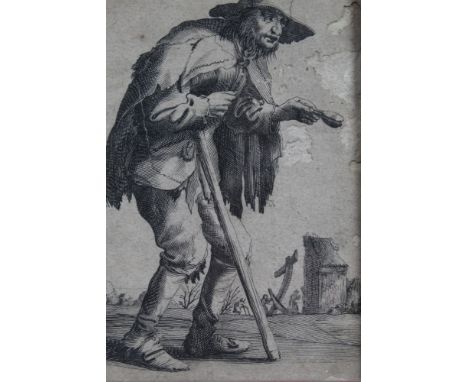 Trio of antique black and white engravings - beggarfolk, initialled R, in Ivor Weiss decorative frames, 19cm x 15cm